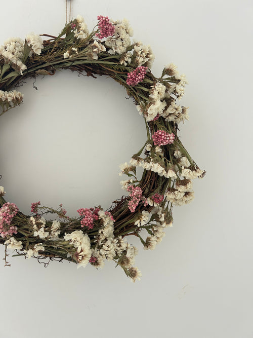 Blossom’ Wreath with White Statice and pink rice flowers