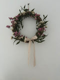 Mabel’ Wreath with Pink Limonium, White Statice, Ruscus finished with a beige gingham bow 30cm