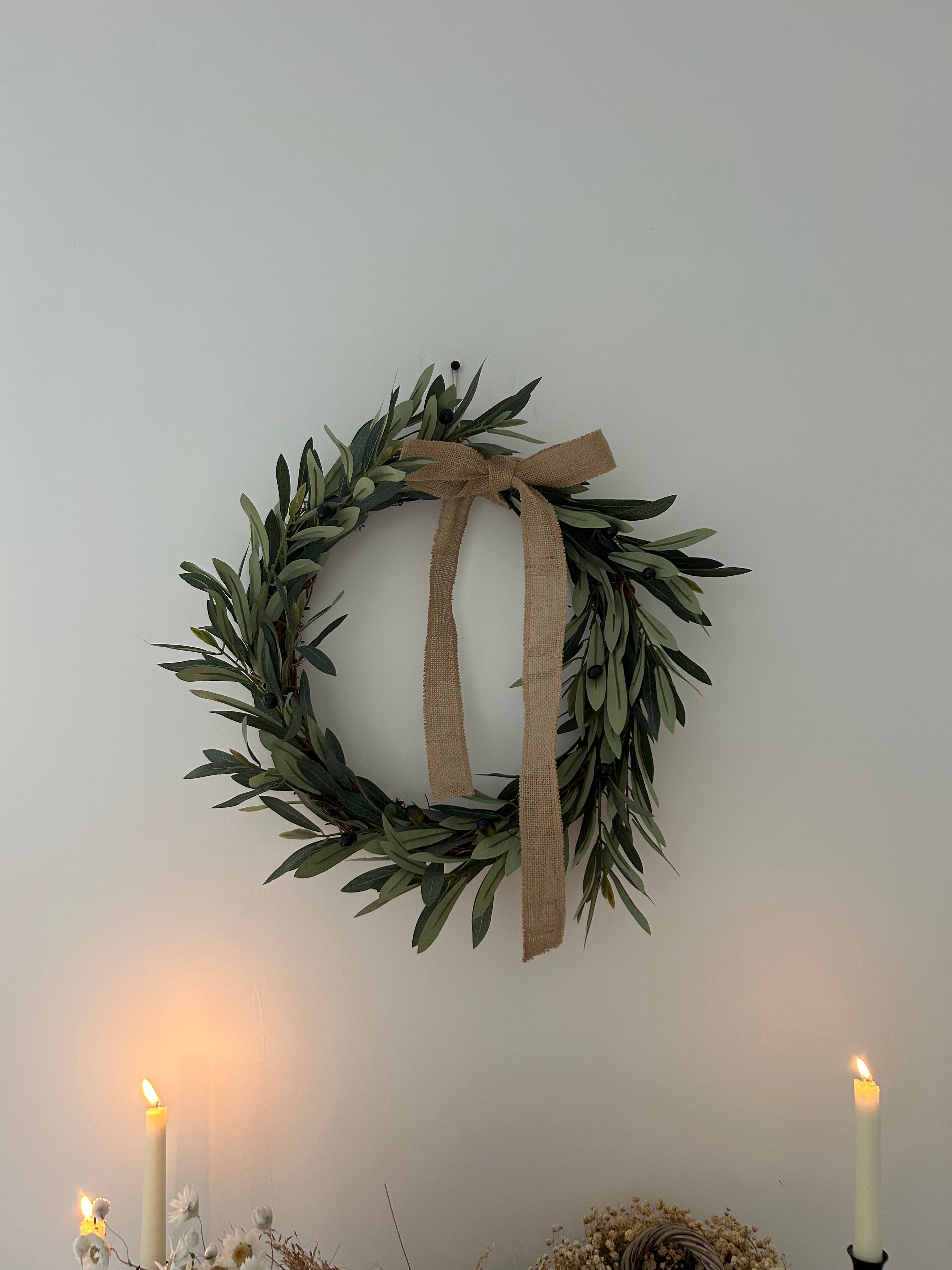 ‘All year round’ Olive faux wreath with jute bow (bells optional)