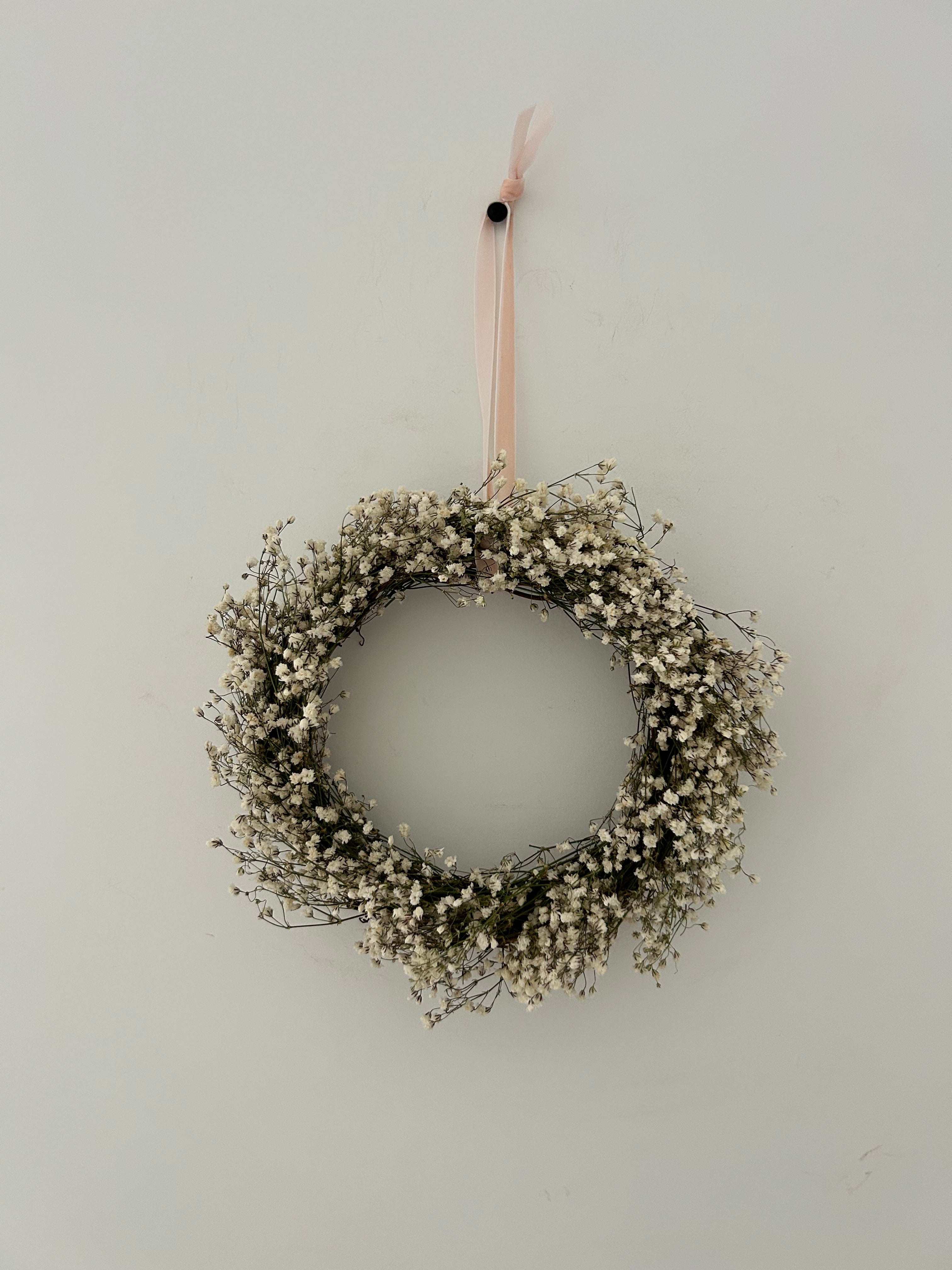 ‘Darcie’ New - Gypsophila Wreath with light pink ribbon 20cm