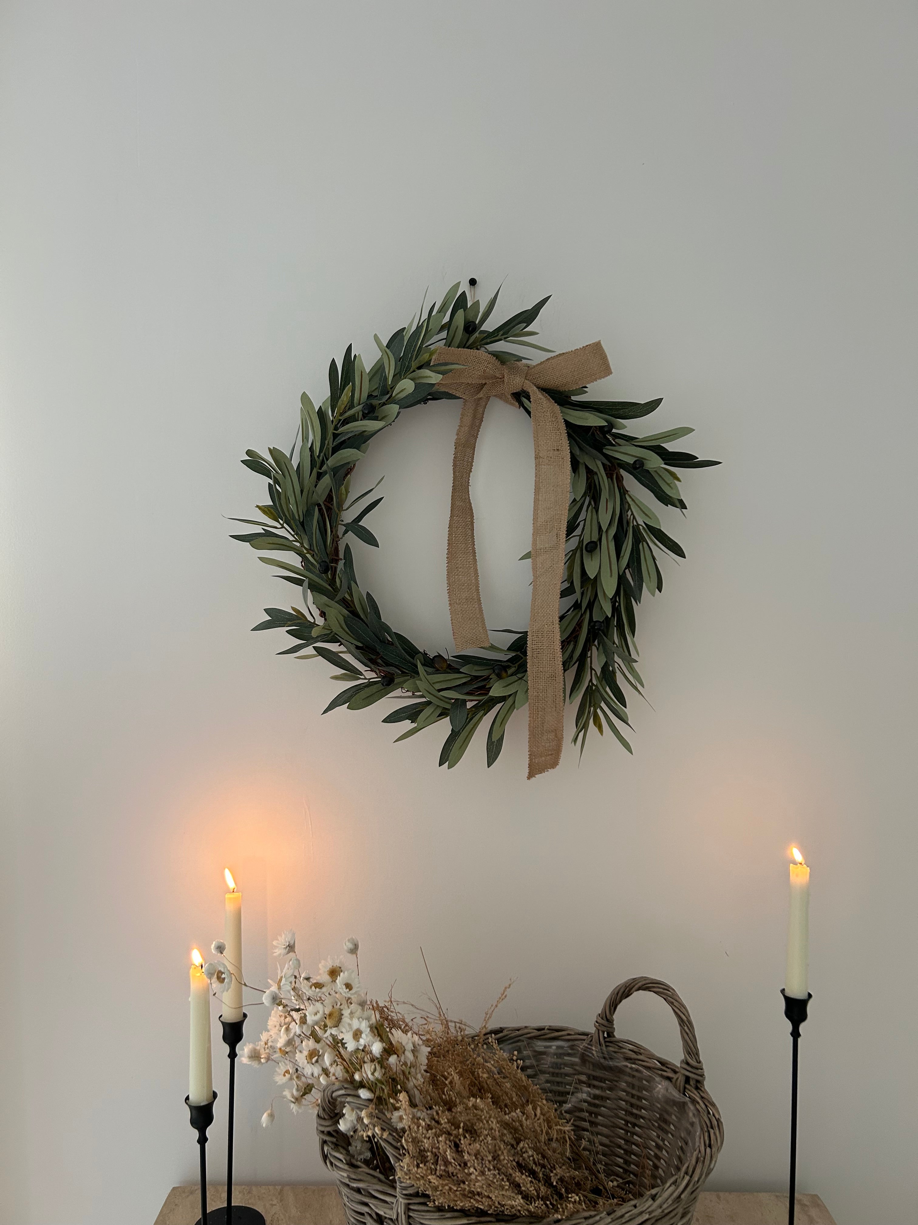 ‘All year round’ Olive faux wreath with jute bow (bells optional)