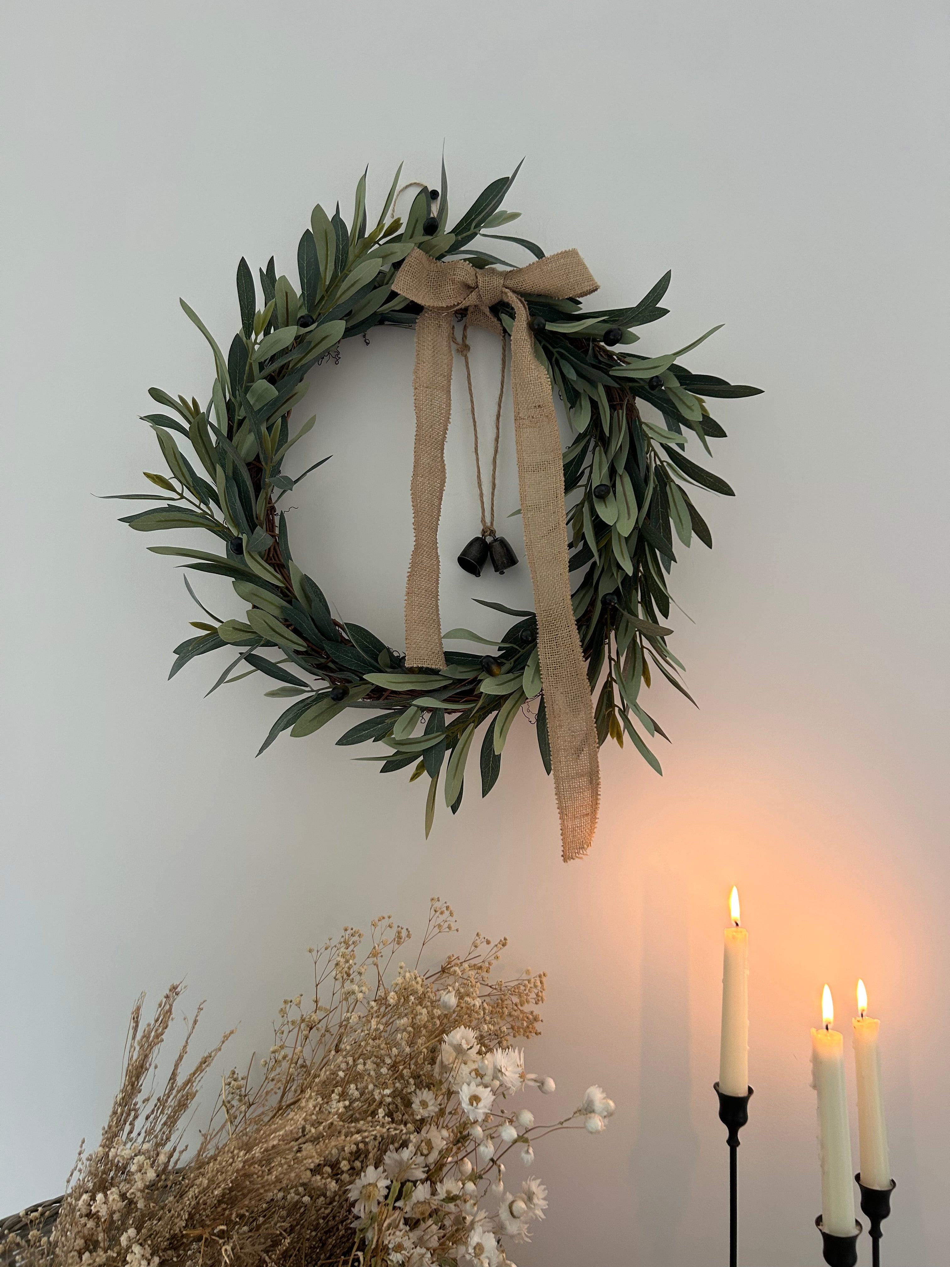 ‘All year round’ Olive faux wreath with jute bow (bells optional)