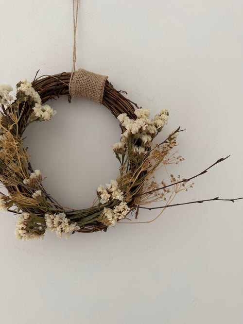 *Sample one off* 20cm Wreath with white statice, dried birch twigs & dried Bupleurum Seed Heads