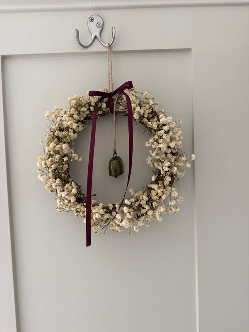 Burgundy ribbon and bell gypsophila wreath 20cm