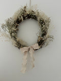 ‘Linen’ Wreath with Cotinus coggygria, Gypsophilas and White Statice finished with cream bow 30cm