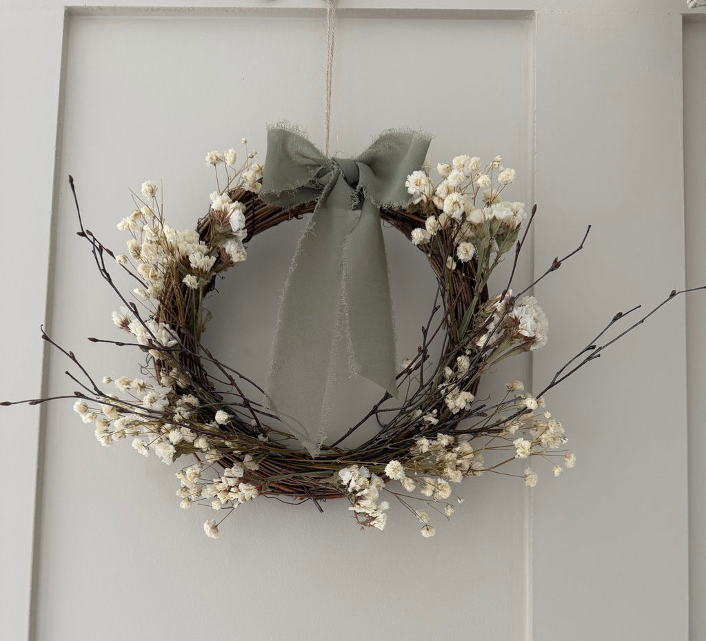 *one off sample* 20cm Wreath with white statice, gypsophilas & dried birch twigs finished with a sage bow
