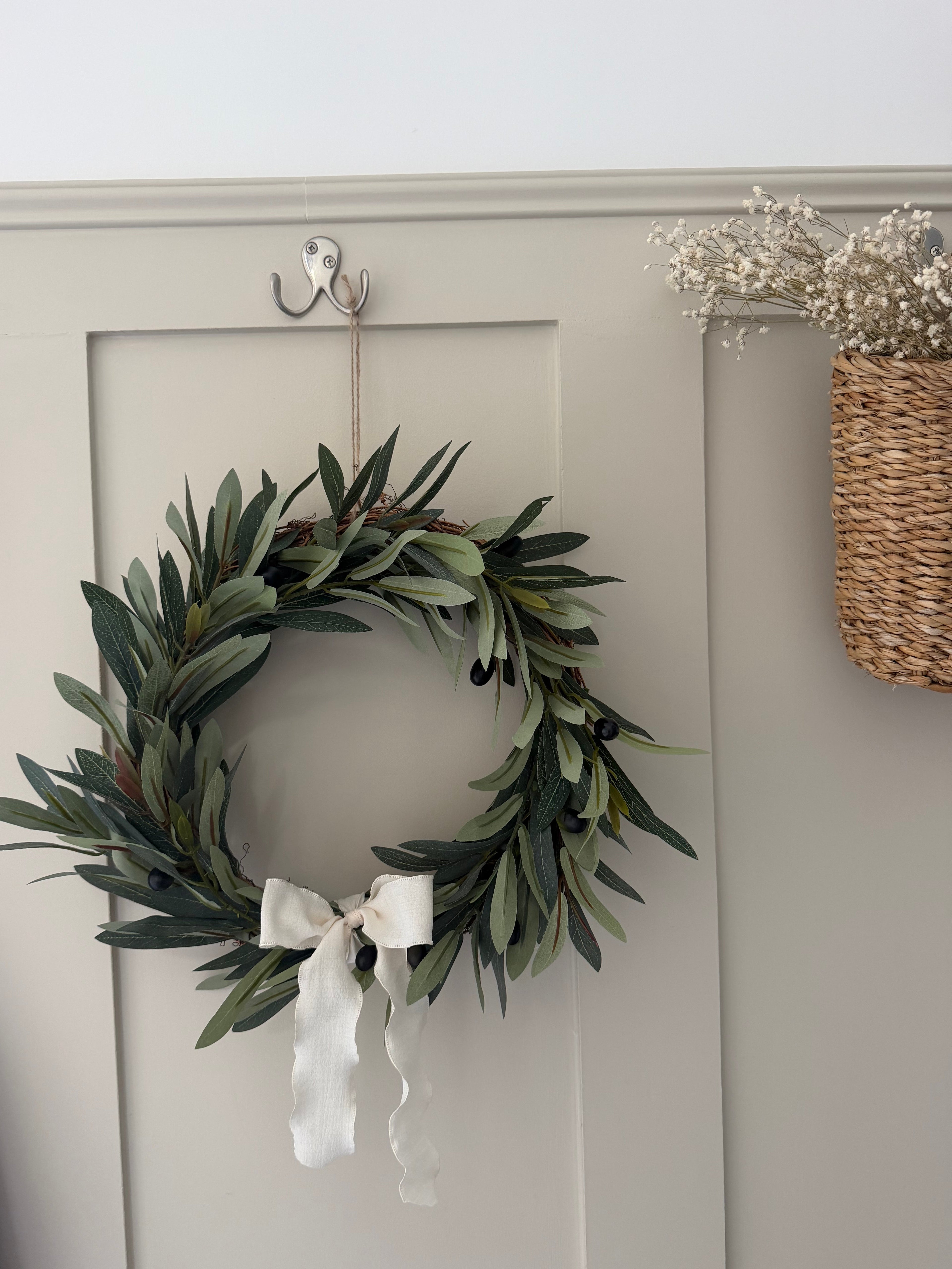 Faux Olive Wreath finished with ivory bow 30cm