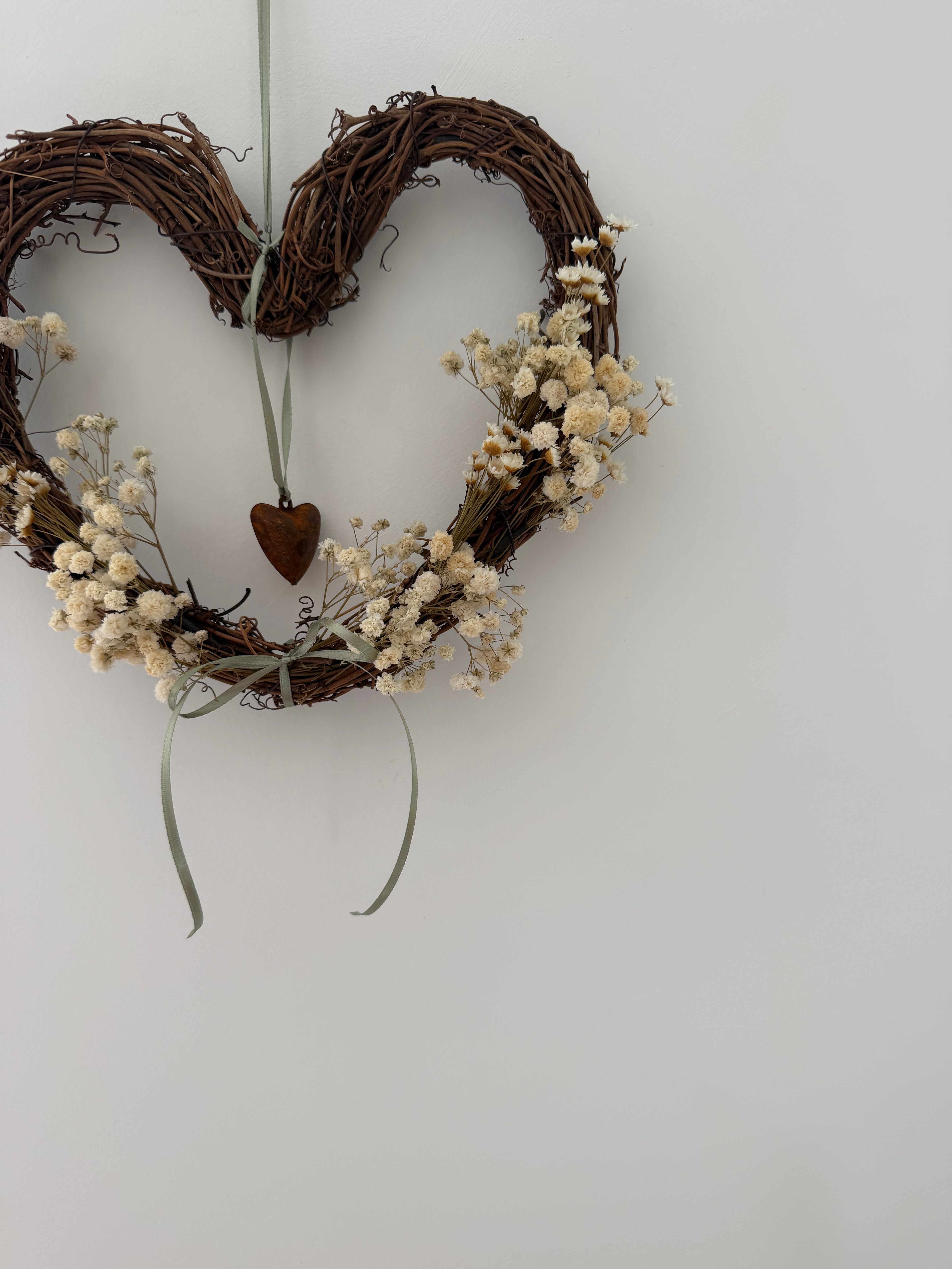 Heart Wreath 25cm with heart bell, sage ribbon, gypsophilas and star flowers