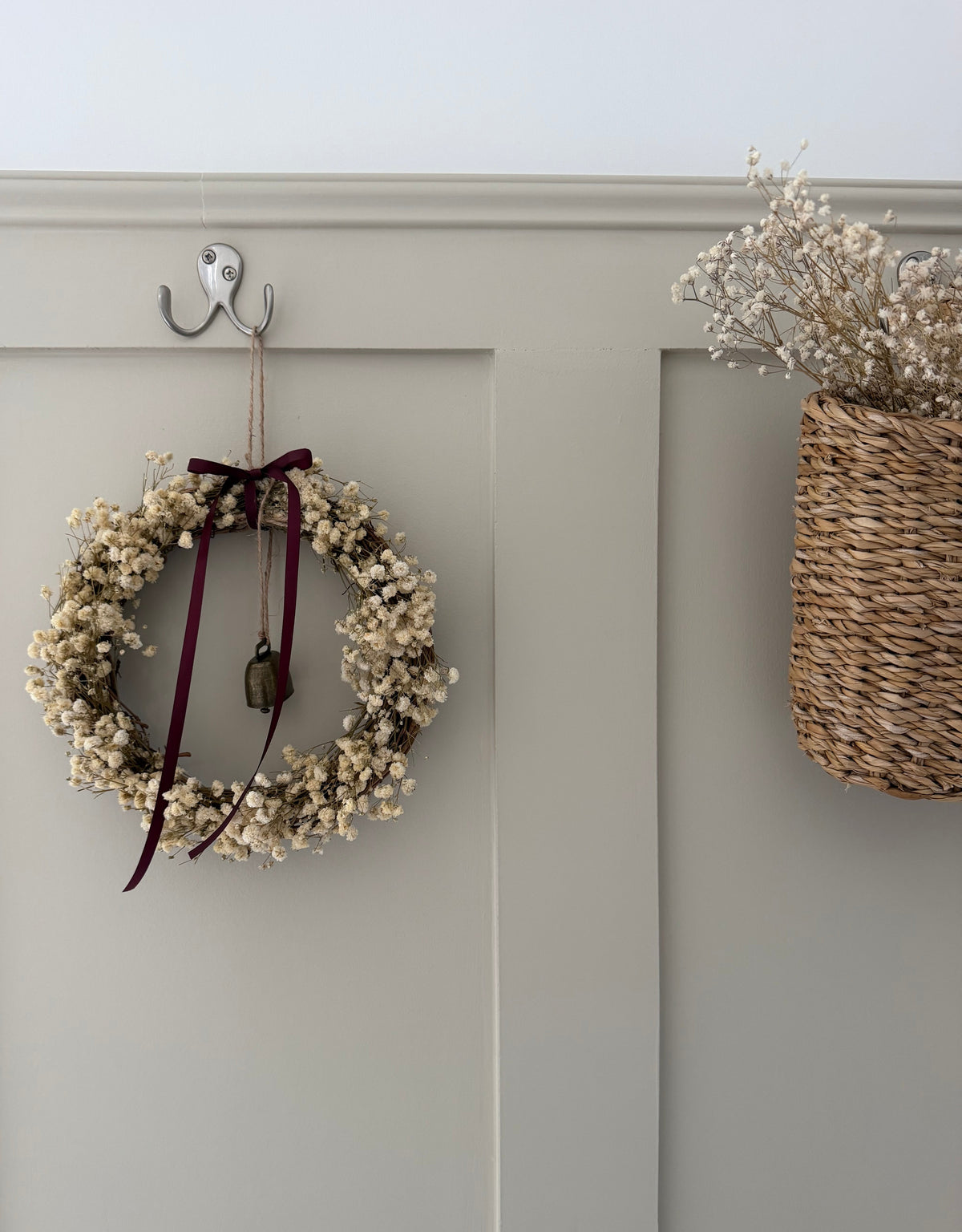 Burgundy ribbon and bell gypsophila wreath 20cm