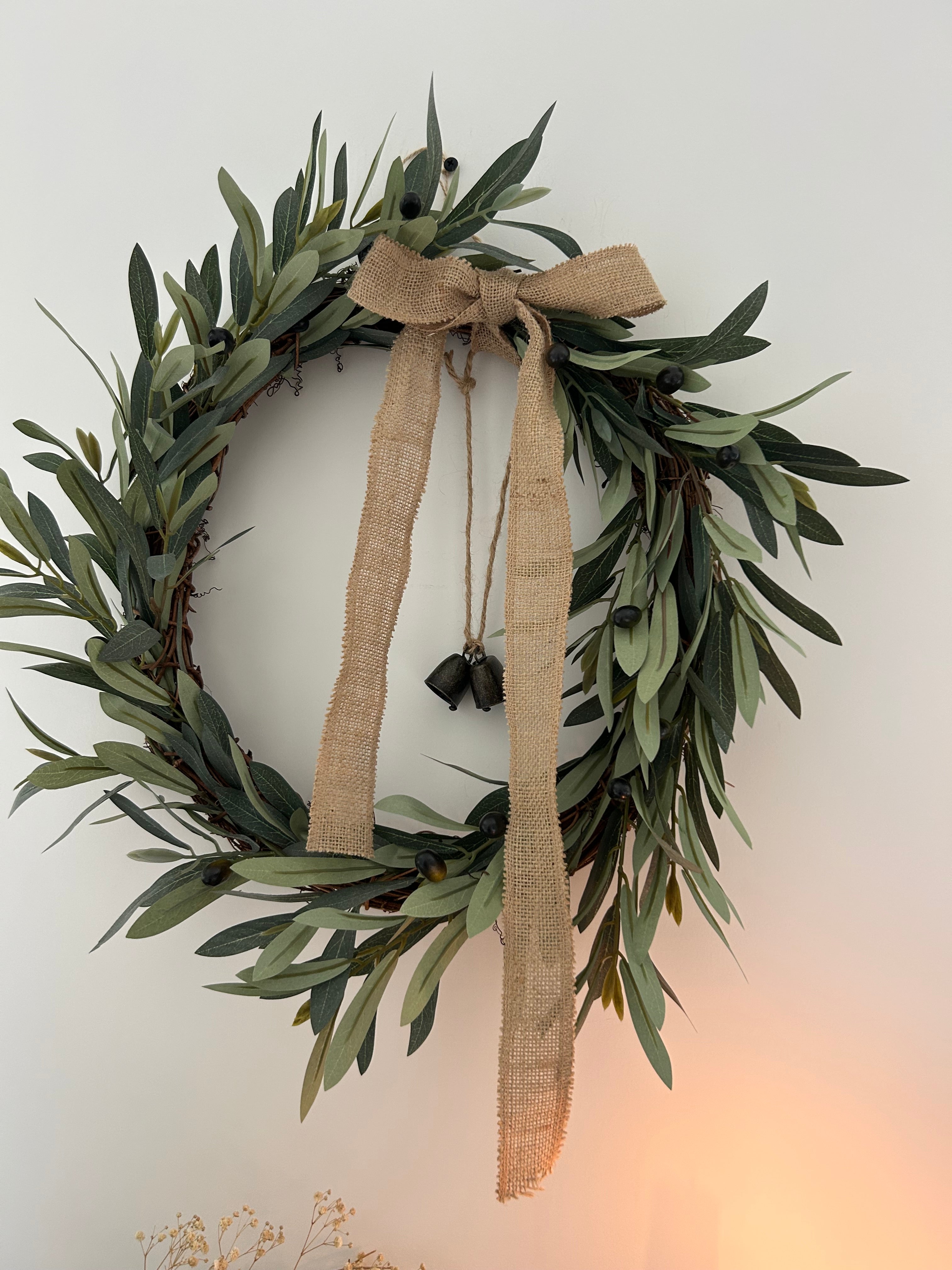 ‘All year round’ Olive faux wreath with jute bow (bells optional)