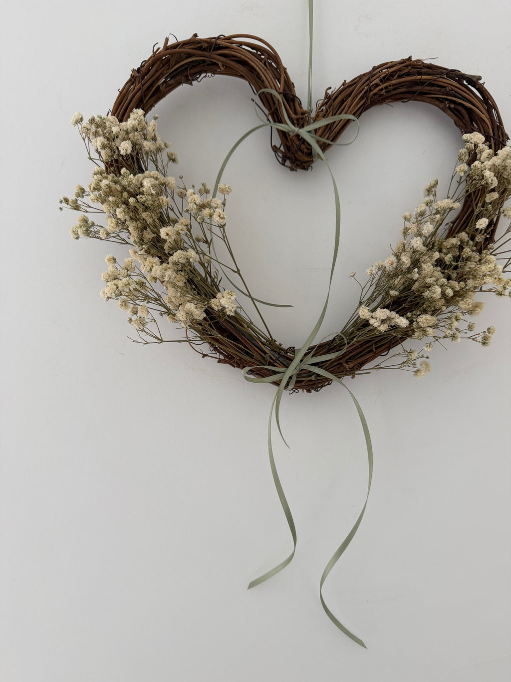 25cm heart wreath with sage green bows & gypsophilas