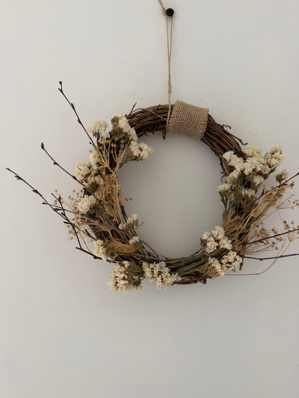 *Sample one off* 20cm Wreath with white statice, dried birch twigs & dried Bupleurum Seed Heads