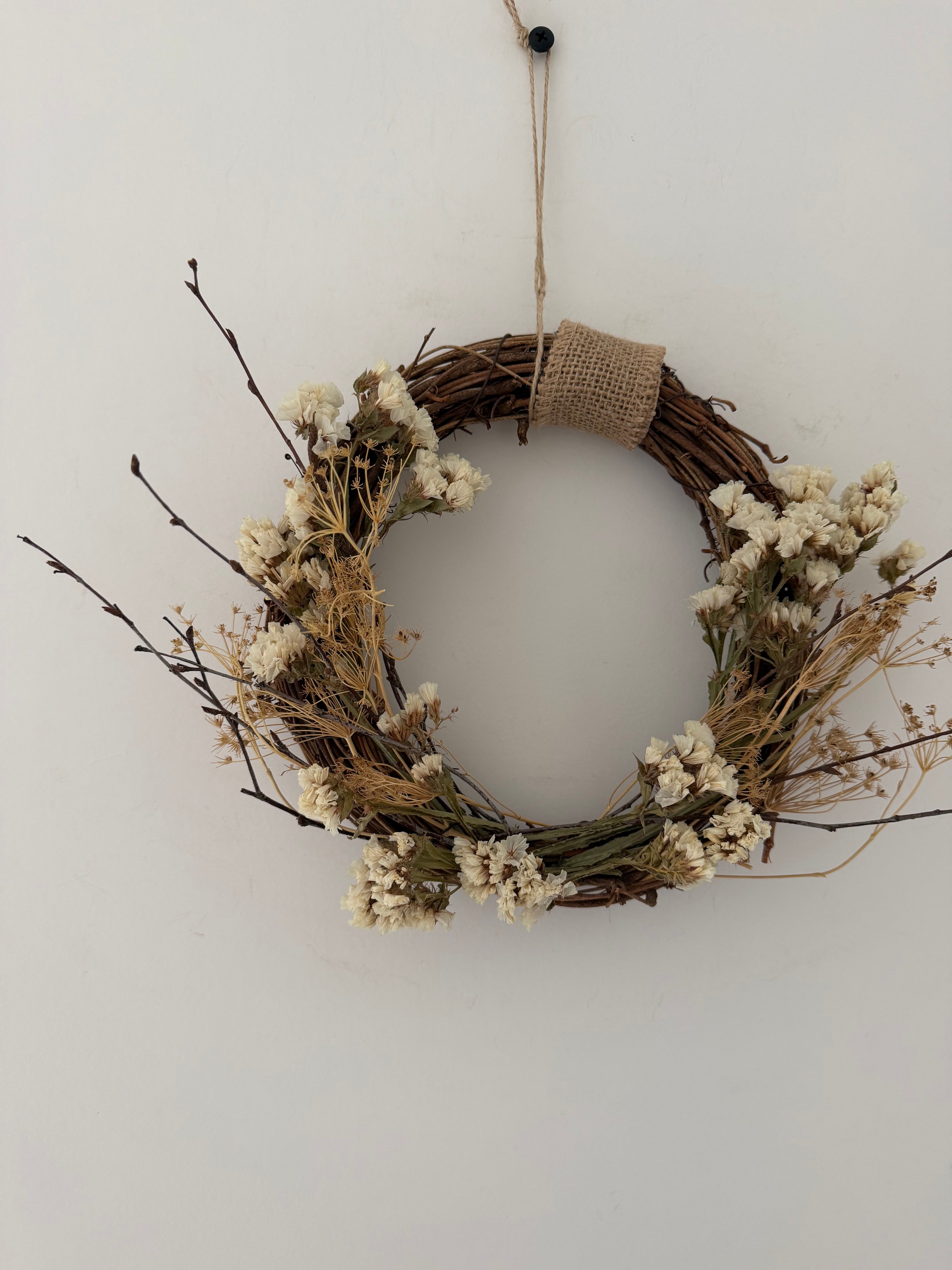 *Sample one off* 20cm Wreath with white statice, dried birch twigs & dried Bupleurum Seed Heads