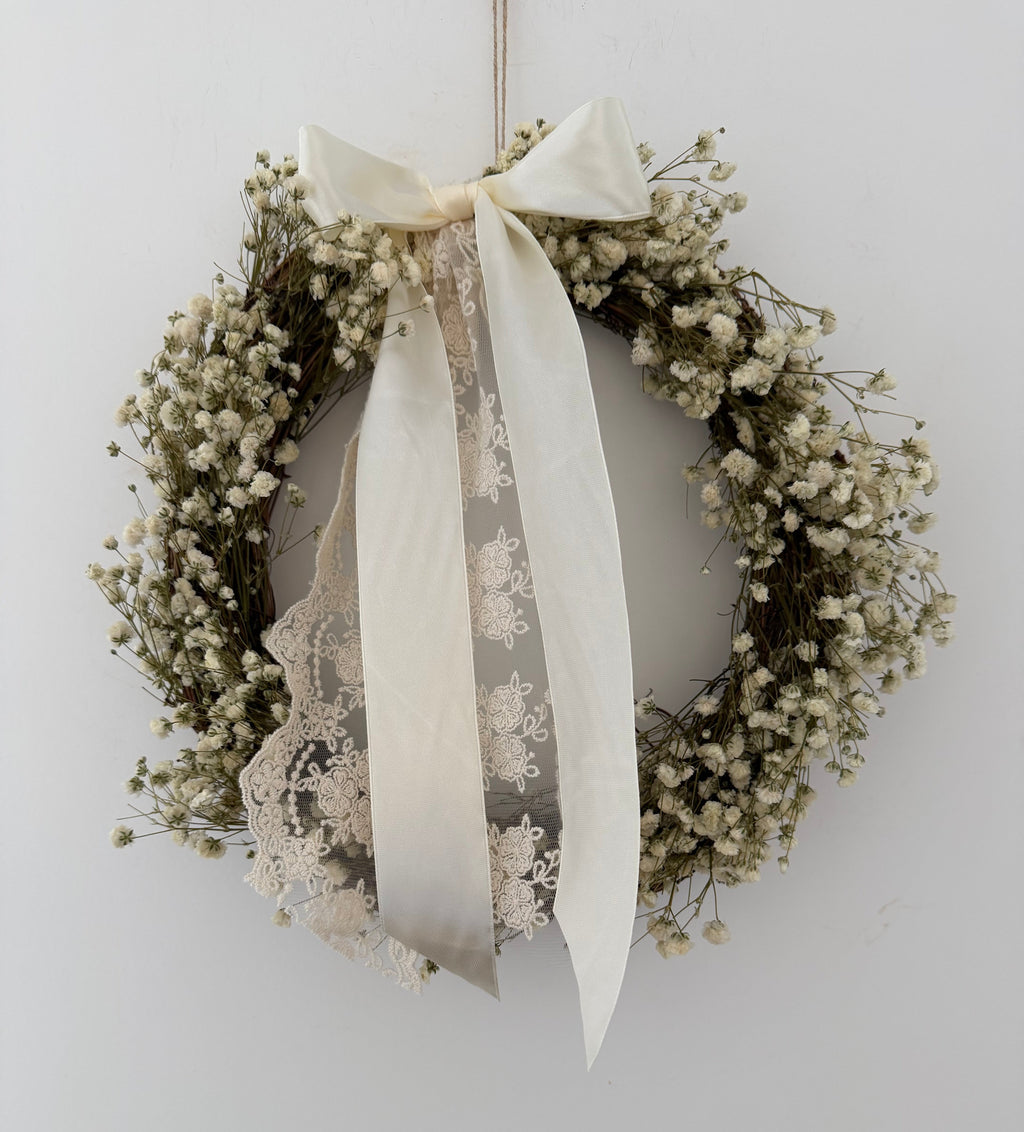 ‘Aurora’ Gypsophila Wreath finished with a cream satin & lace bow 30cm