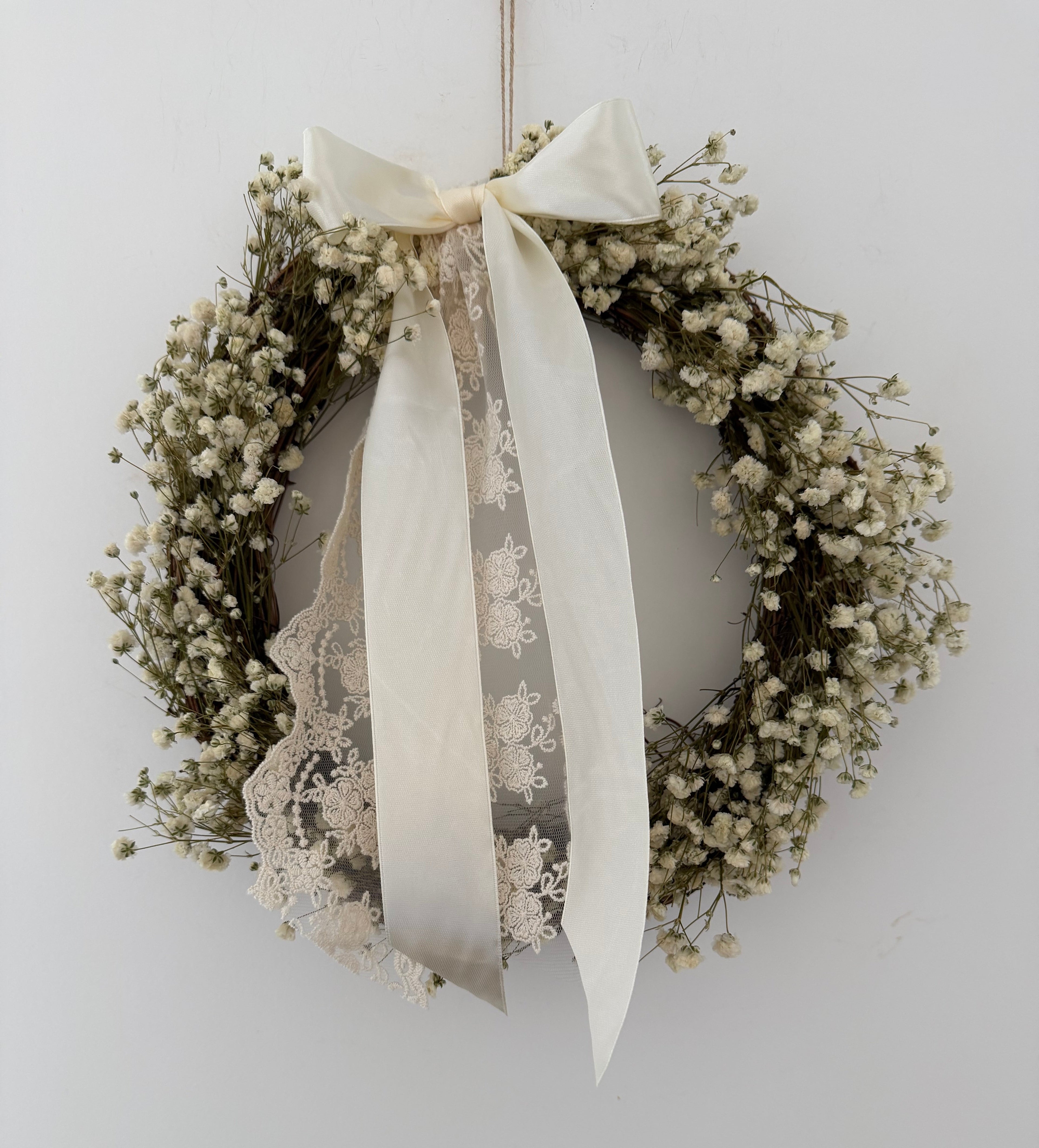 ‘Aurora’ Gypsophila Wreath finished with a cream satin & lace bow 30cm