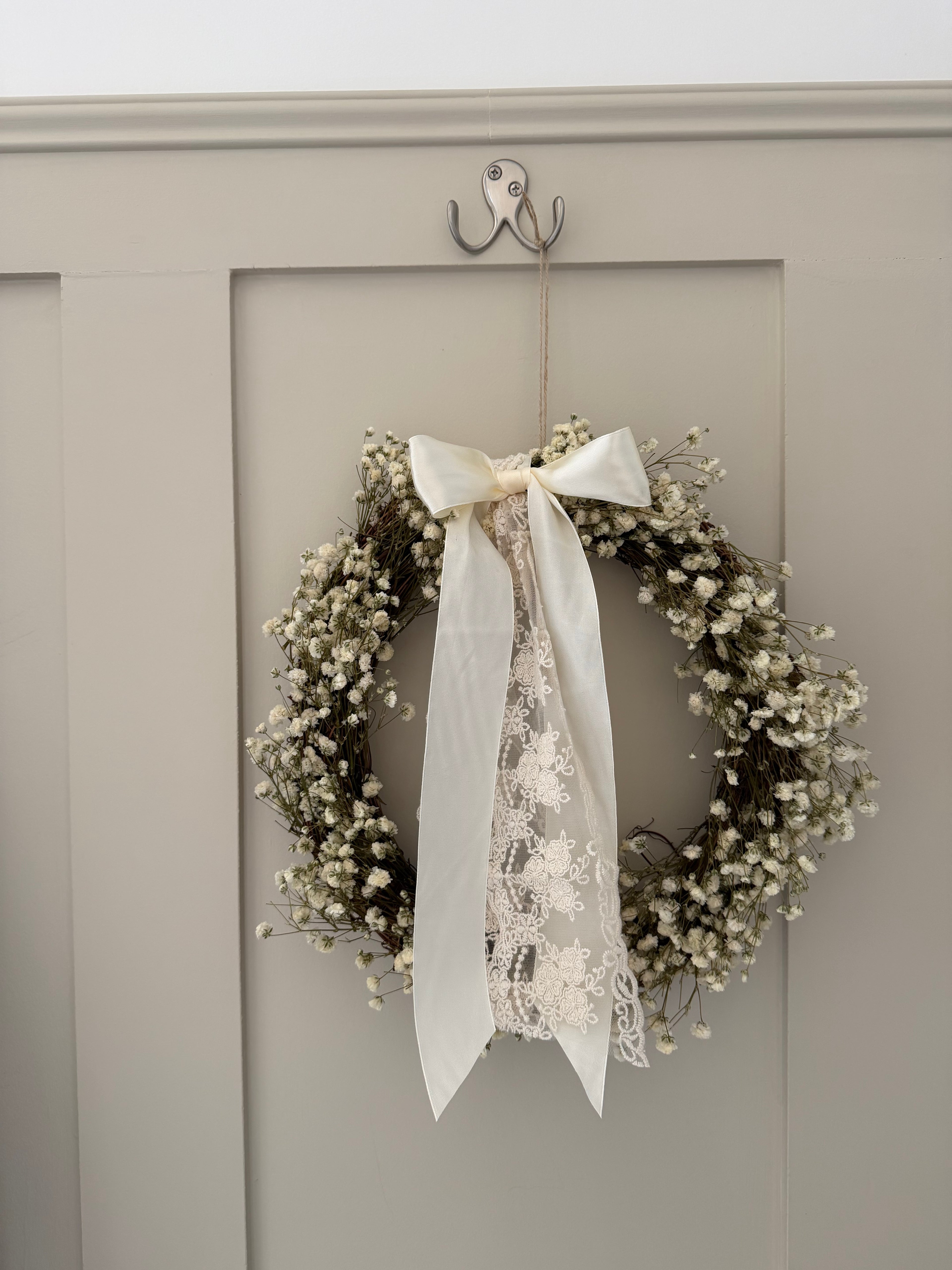 ‘Aurora’ Gypsophila Wreath finished with a cream satin & lace bow 30cm